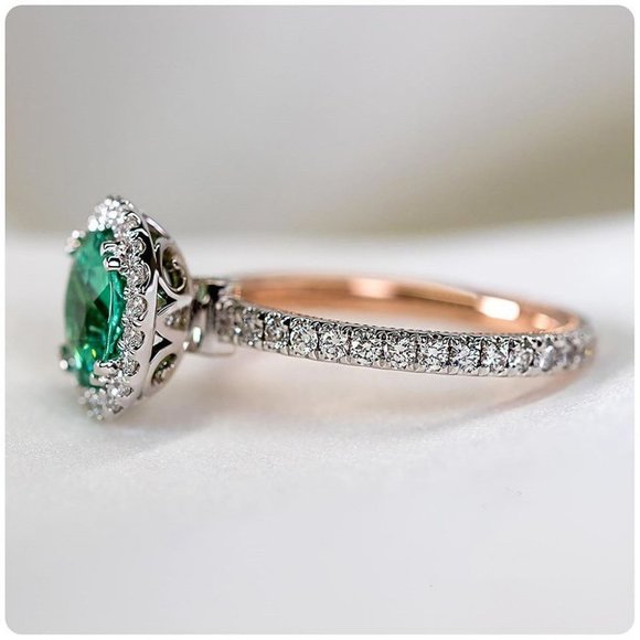 NEW Two Tone  Round Emerald Diamond Halo Ring - Picture 2 of 4